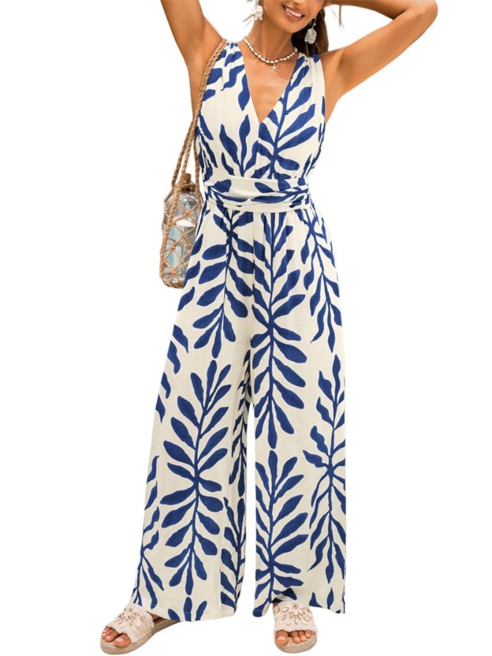 Women's Summer Tropical Jumpsuit Wide Leg V Neck Sleeveless Maxi One Piece